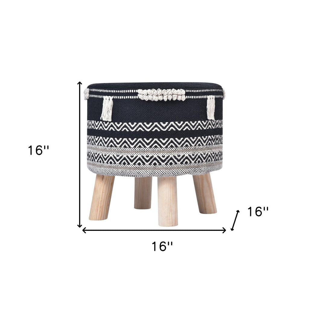 16" Black And White Cotton And Natural Round Chevron Ottoman