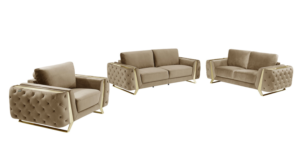 LuxxHomes  Three Piece Indoor Beige Velvet Six Person Seating Set