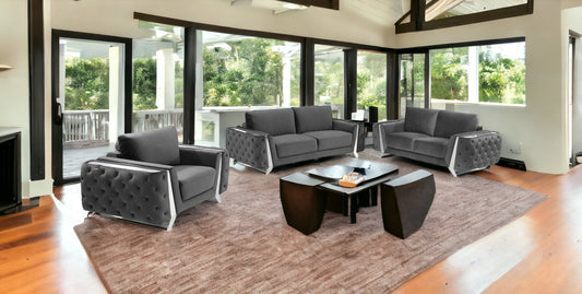 LuxxHomes  Three Piece Indoor Dark Gray Velvet Six Person Seating Set