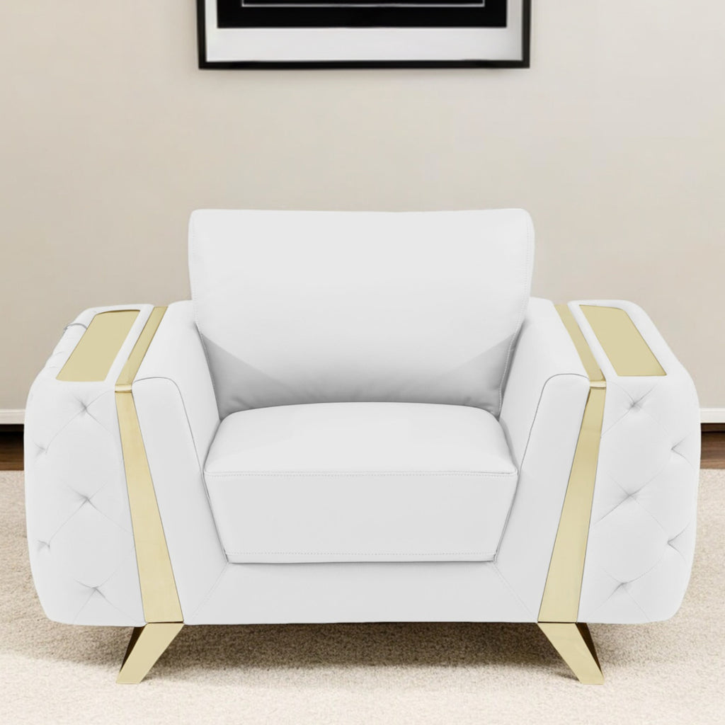 50" White And Gold Genuine Leather Club Chair