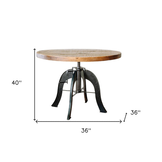 36" Brown And Black Rounded Solid Wood And Steel Pedestal Base Dining Table