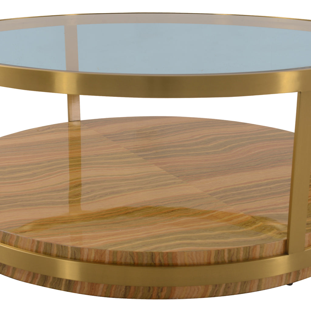 43" Clear Gold And Brown Glass Wood and Metal Round Coffee Table With Shelf