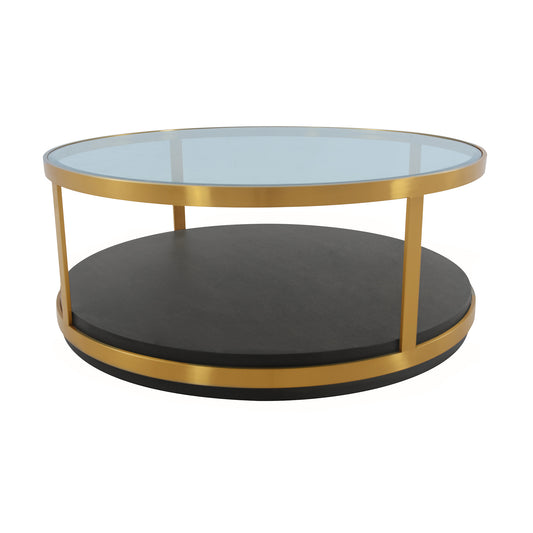 43" Clear Black And Gold Glass Wood And Metal Round Coffee Table With Shelf