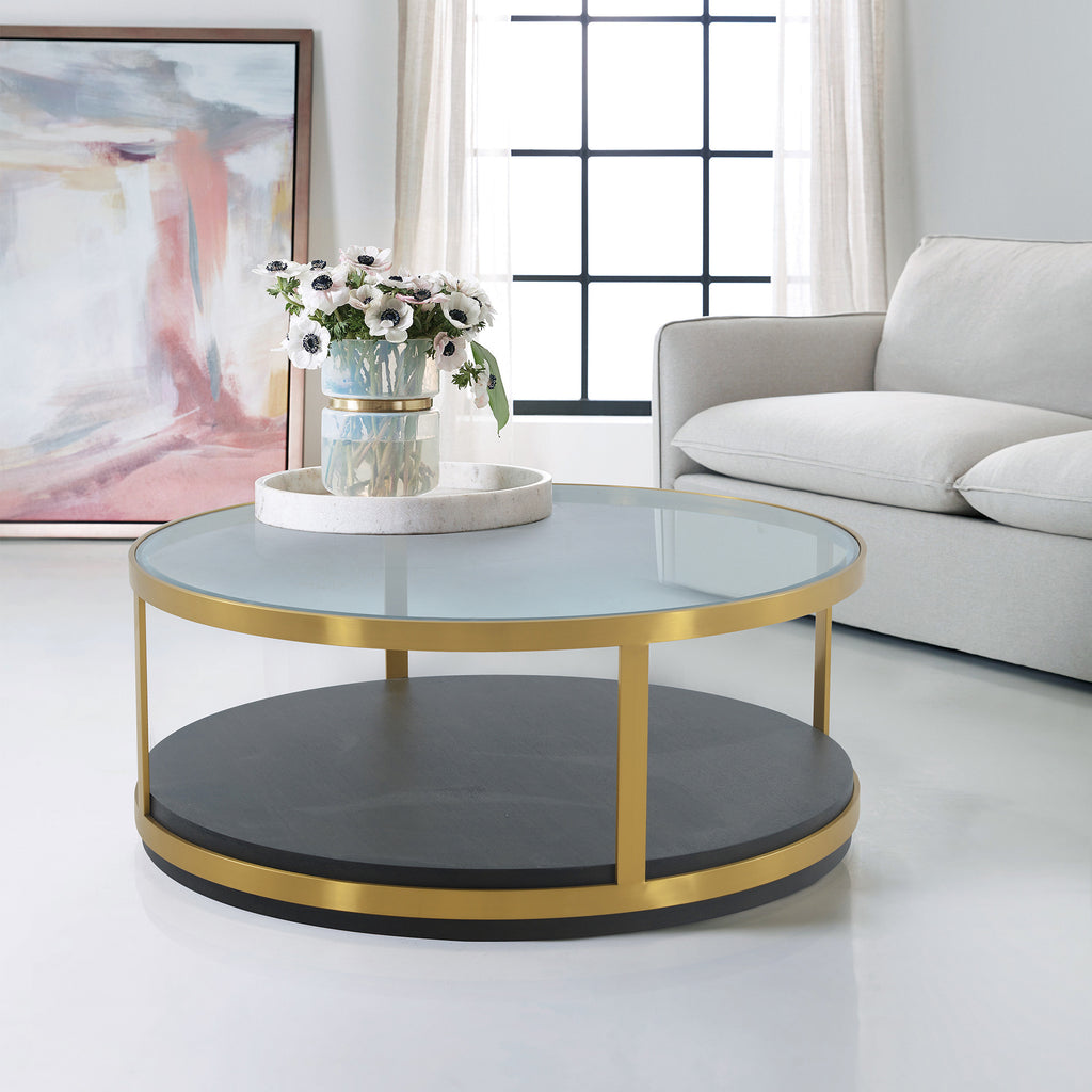 43" Clear Black And Gold Glass Wood And Metal Round Coffee Table With Shelf