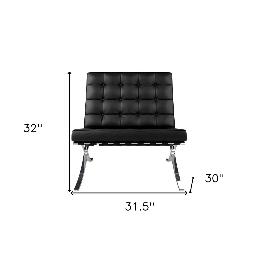 32" Black And Silver Italian Leather Tufted Lounge Chair