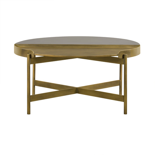 32" Gray And Brass Concrete And Metal Round Coffee Table