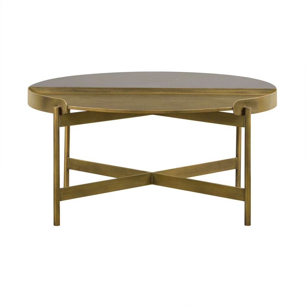 32" Gray And Brass Concrete And Metal Round Coffee Table