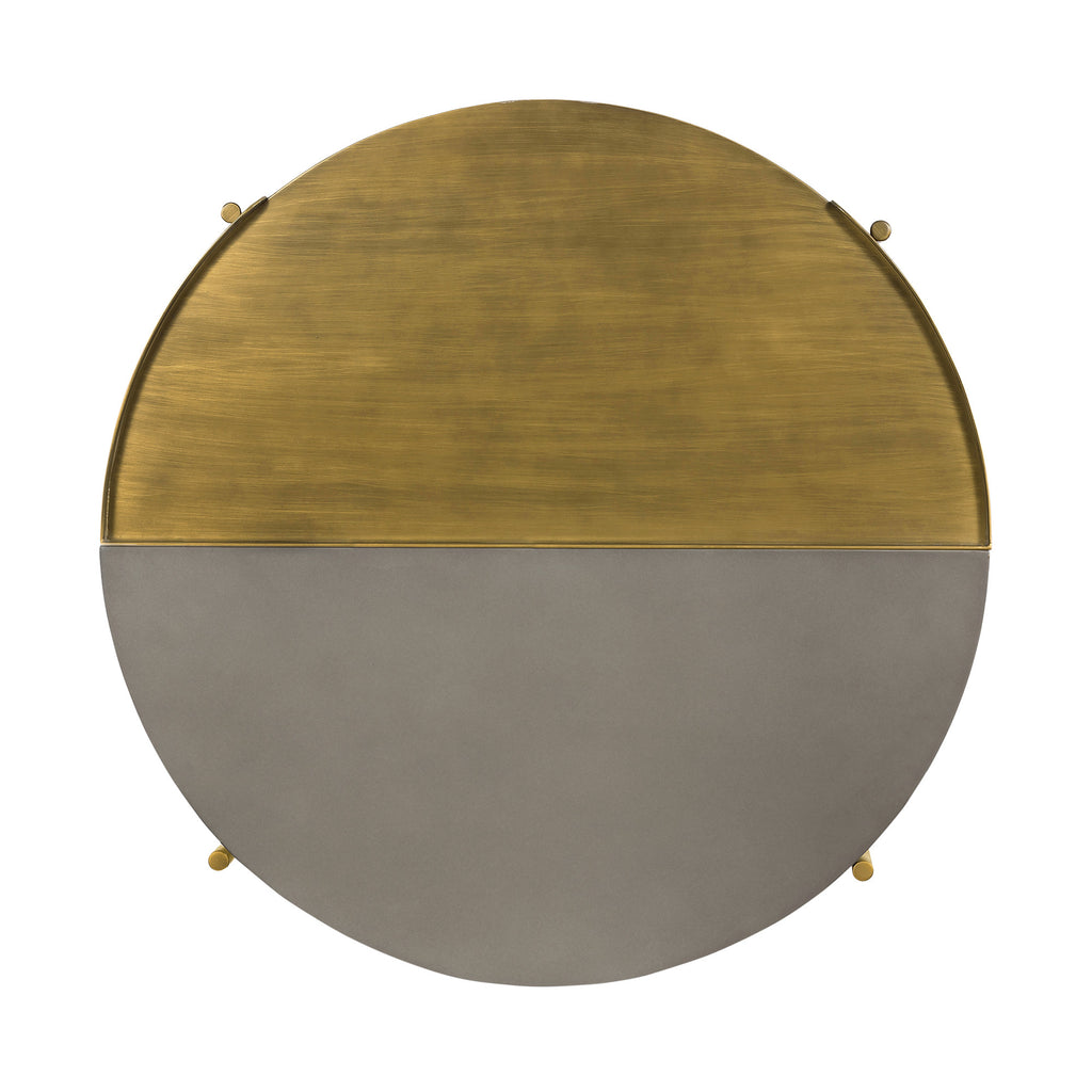 32" Gray And Brass Concrete And Metal Round Coffee Table