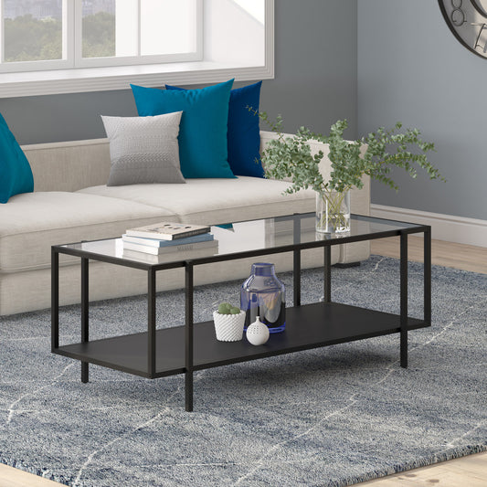 45" Clear And Black Glass And Steel Coffee Table With Shelf