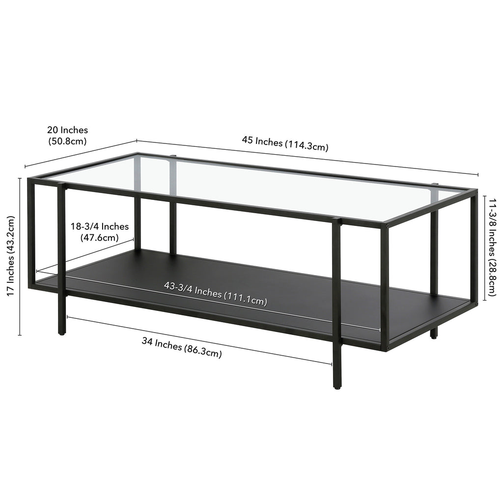 45" Clear And Black Glass And Steel Coffee Table With Shelf