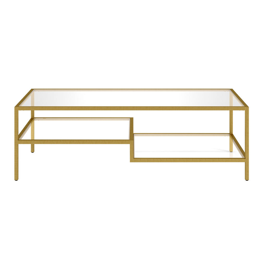 54" Gold Glass And Steel Coffee Table With Two Shelves