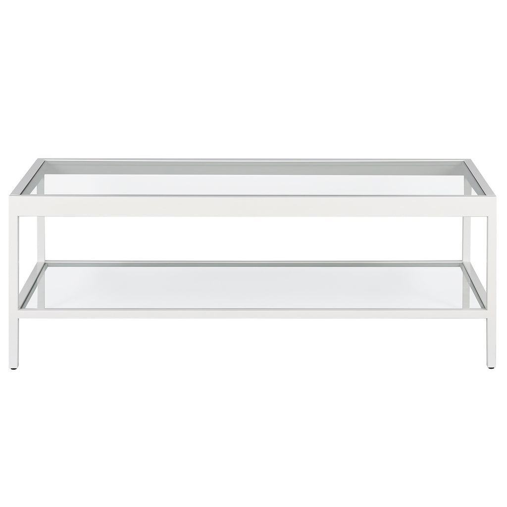 45" Clear Glass And White Steel Coffee Table With Shelf