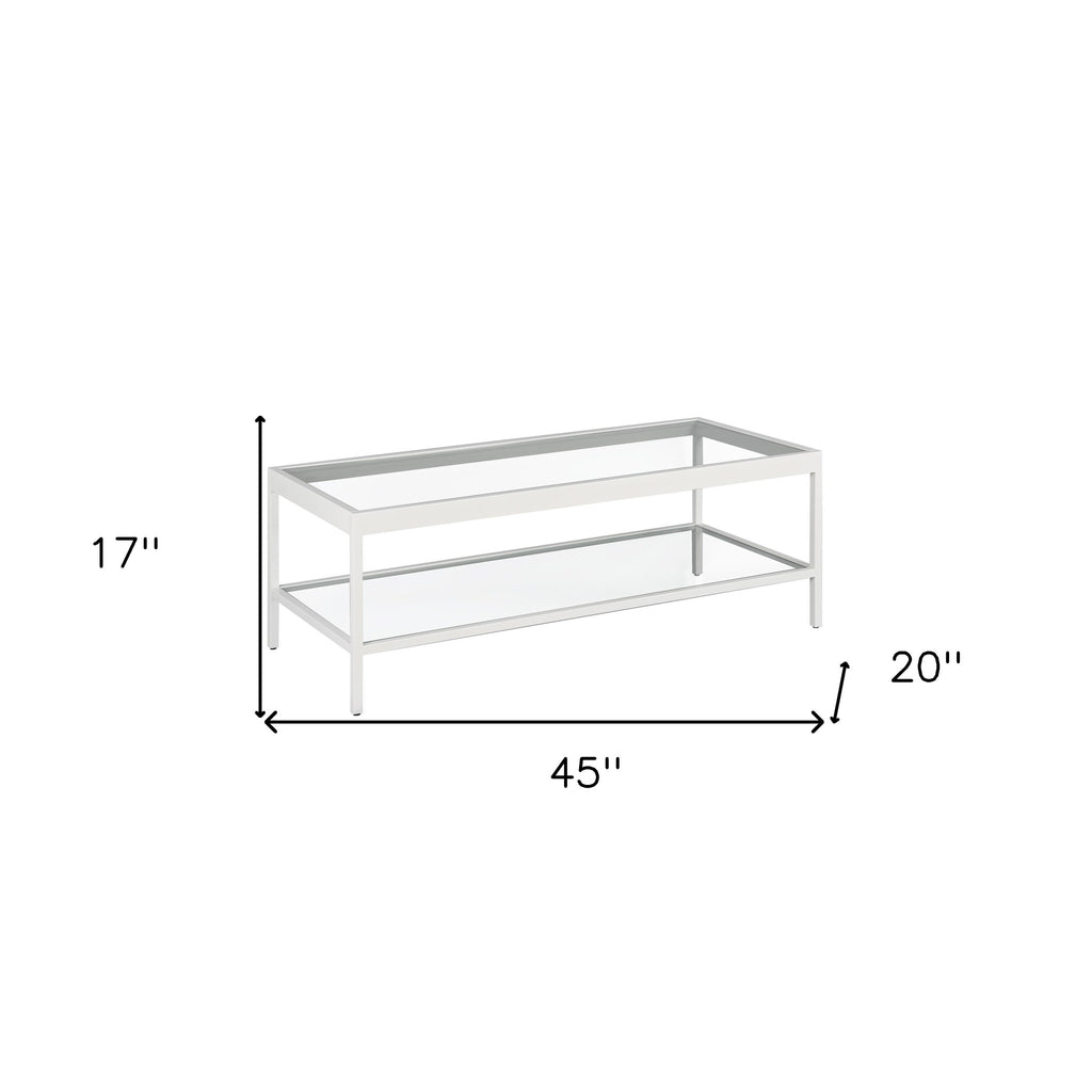 45" Clear Glass And White Steel Coffee Table With Shelf