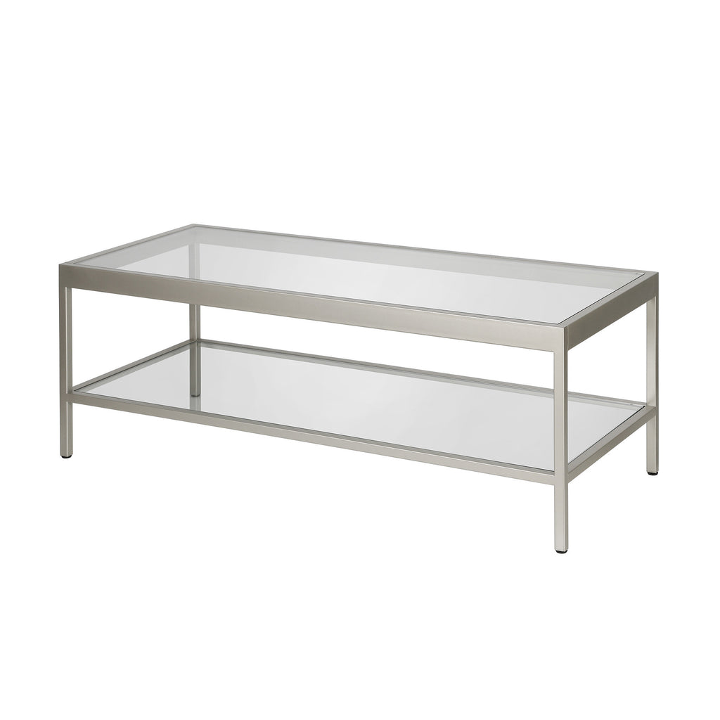 45" Clear Glass And Silver Steel Coffee Table With Shelf