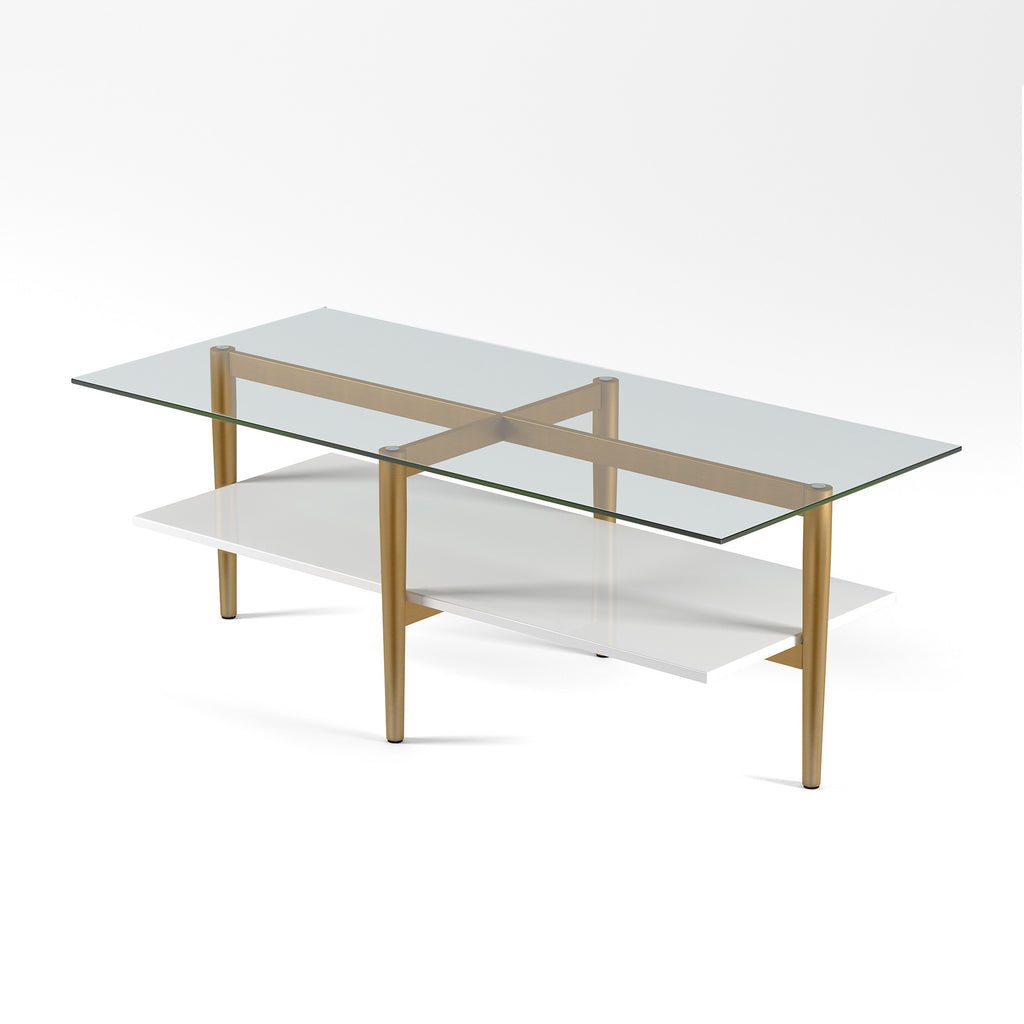 47" Gold Glass And Steel Coffee Table With Shelf