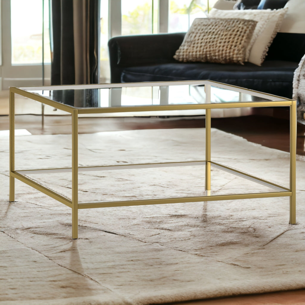 32" Gold Glass And Steel Square Coffee Table With Shelf