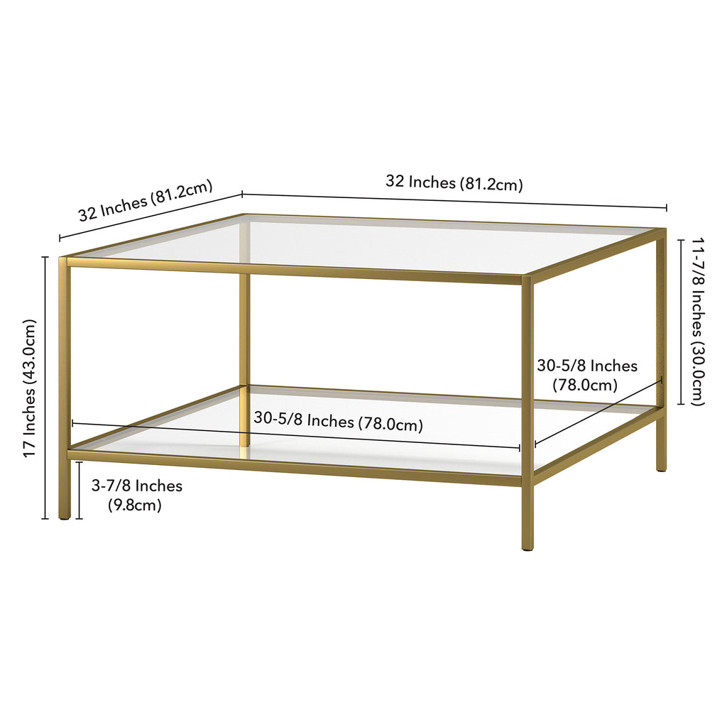 32" Gold Glass And Steel Square Coffee Table With Shelf