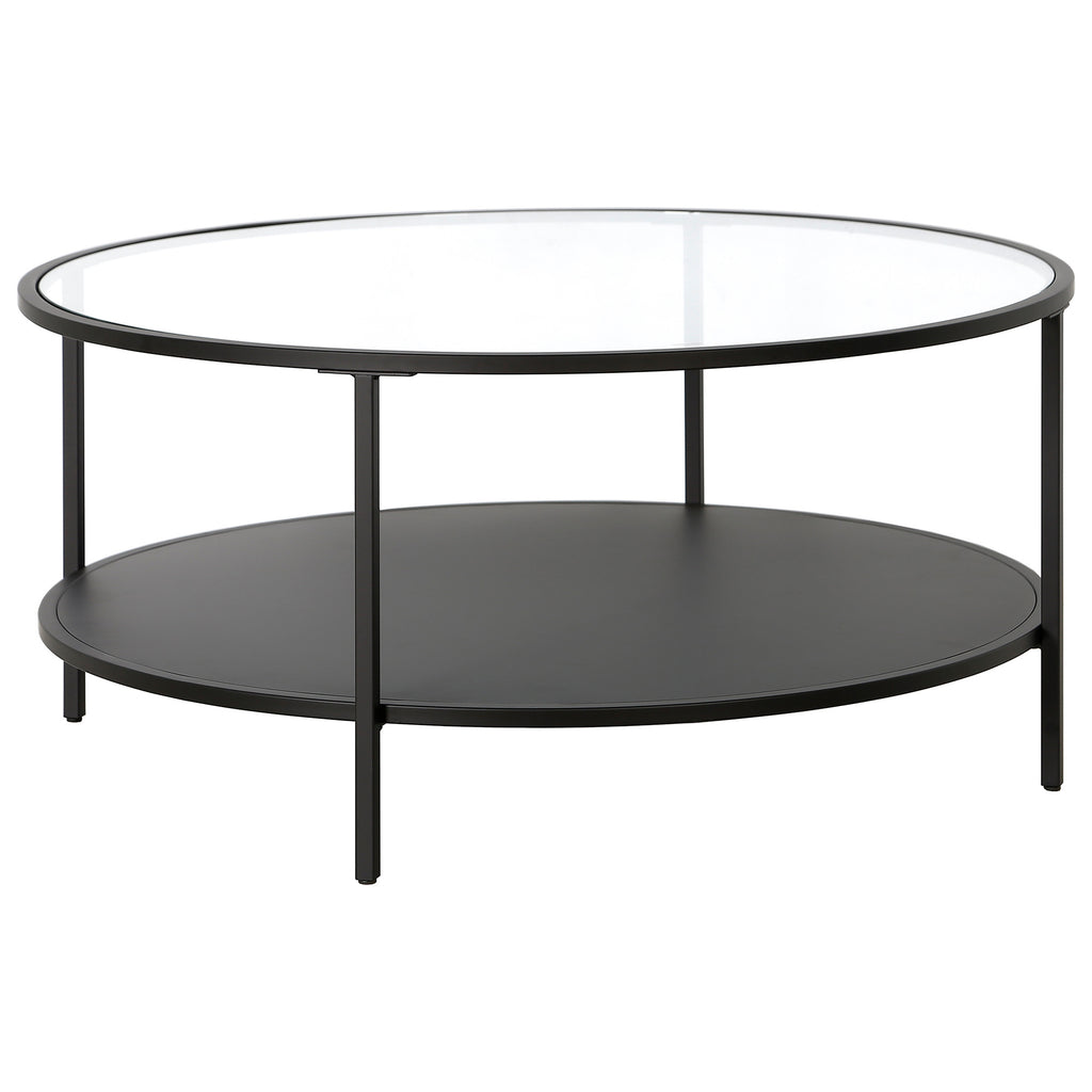 36" Black Glass And Steel Round Coffee Table With Shelf