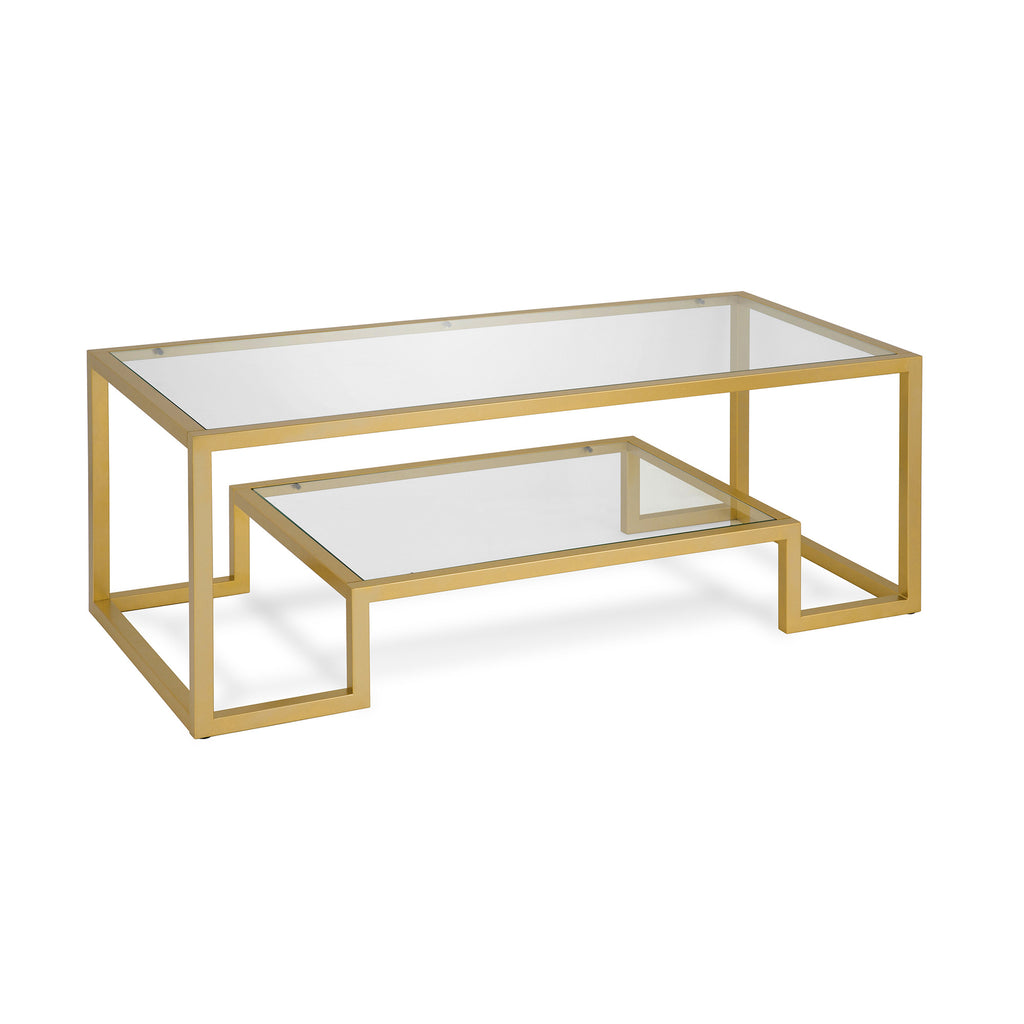 45" Gold Glass And Steel Coffee Table With Shelf