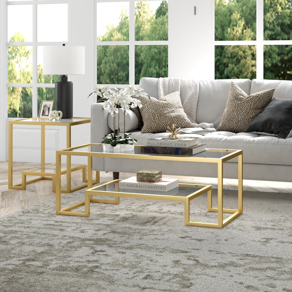 45" Gold Glass And Steel Coffee Table With Shelf