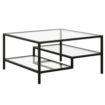 32" Black Glass And Steel Square Coffee Table With Two Shelves