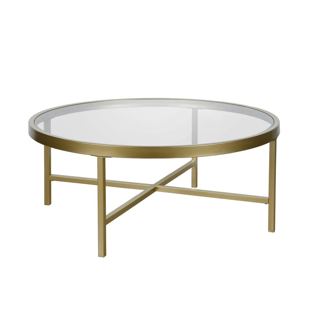 36" Gold Glass And Steel Round Coffee Table