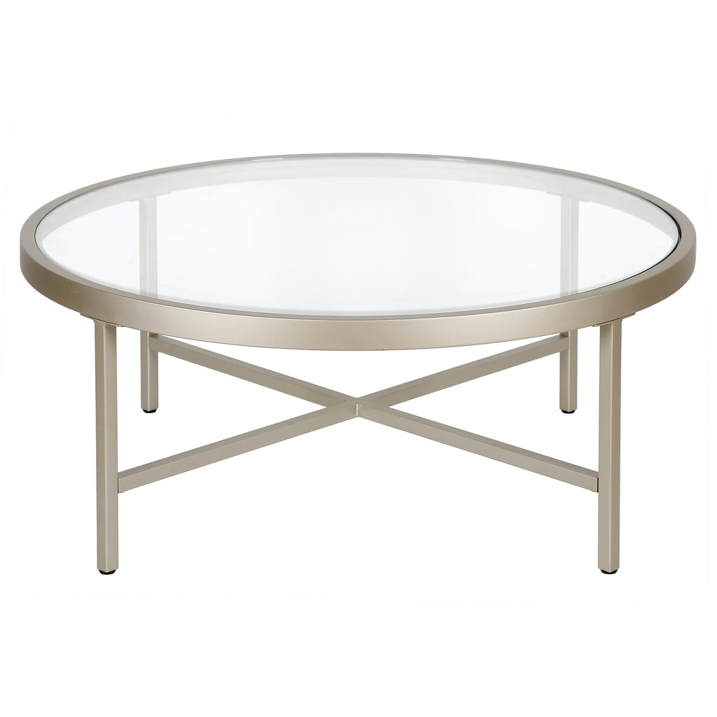 36" Silver Glass And Steel Round Coffee Table