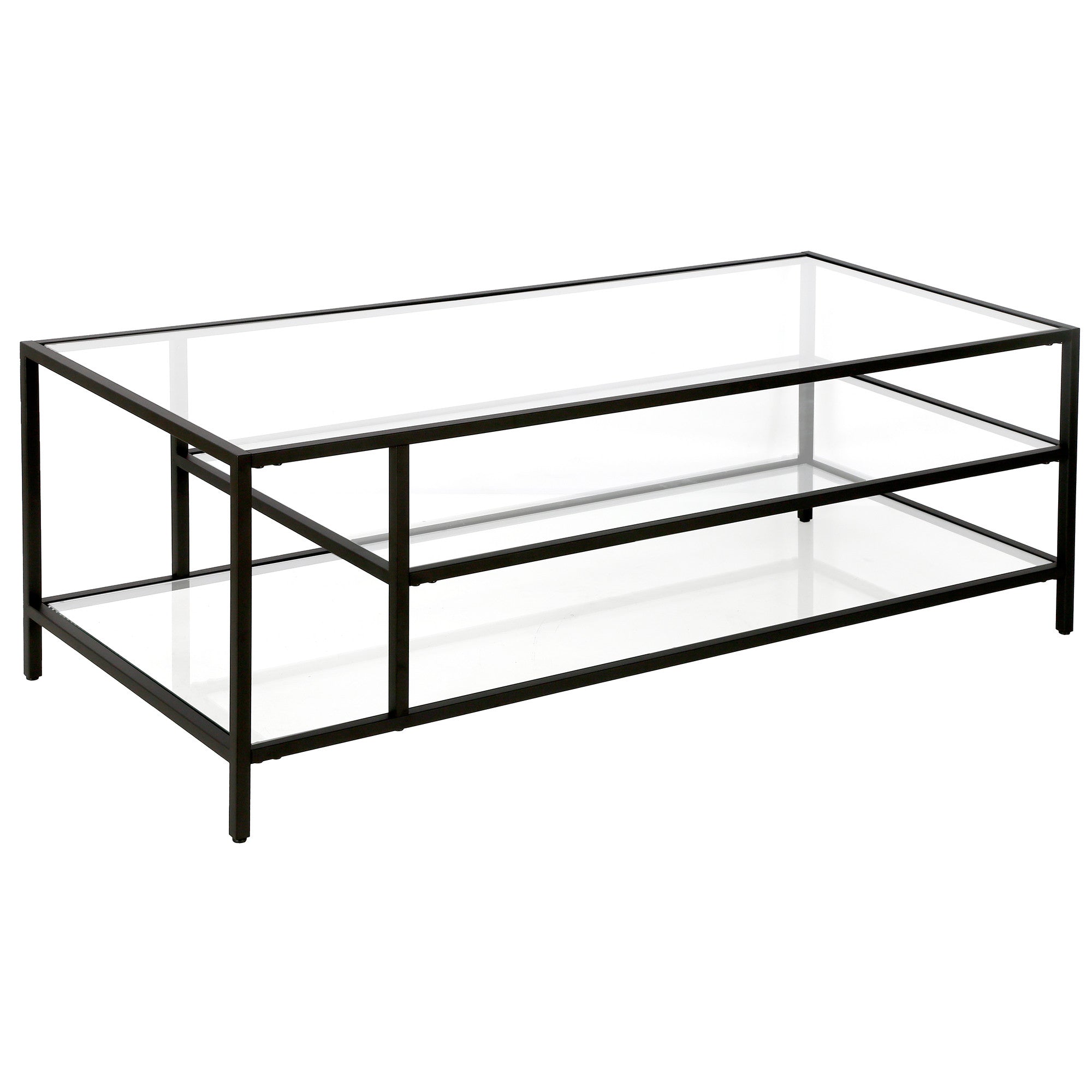 46" Black Glass And Steel Coffee Table With Two Shelves