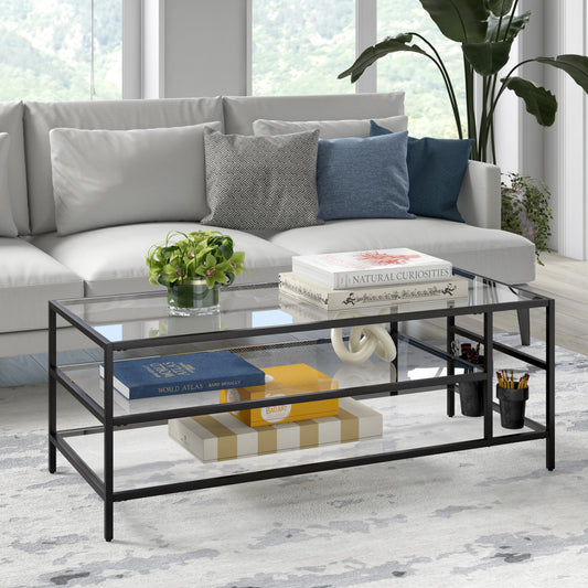 46" Black Glass And Steel Coffee Table With Two Shelves