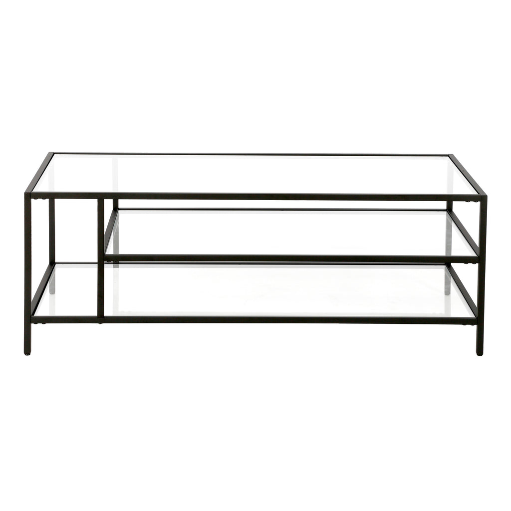 46" Black Glass And Steel Coffee Table With Two Shelves