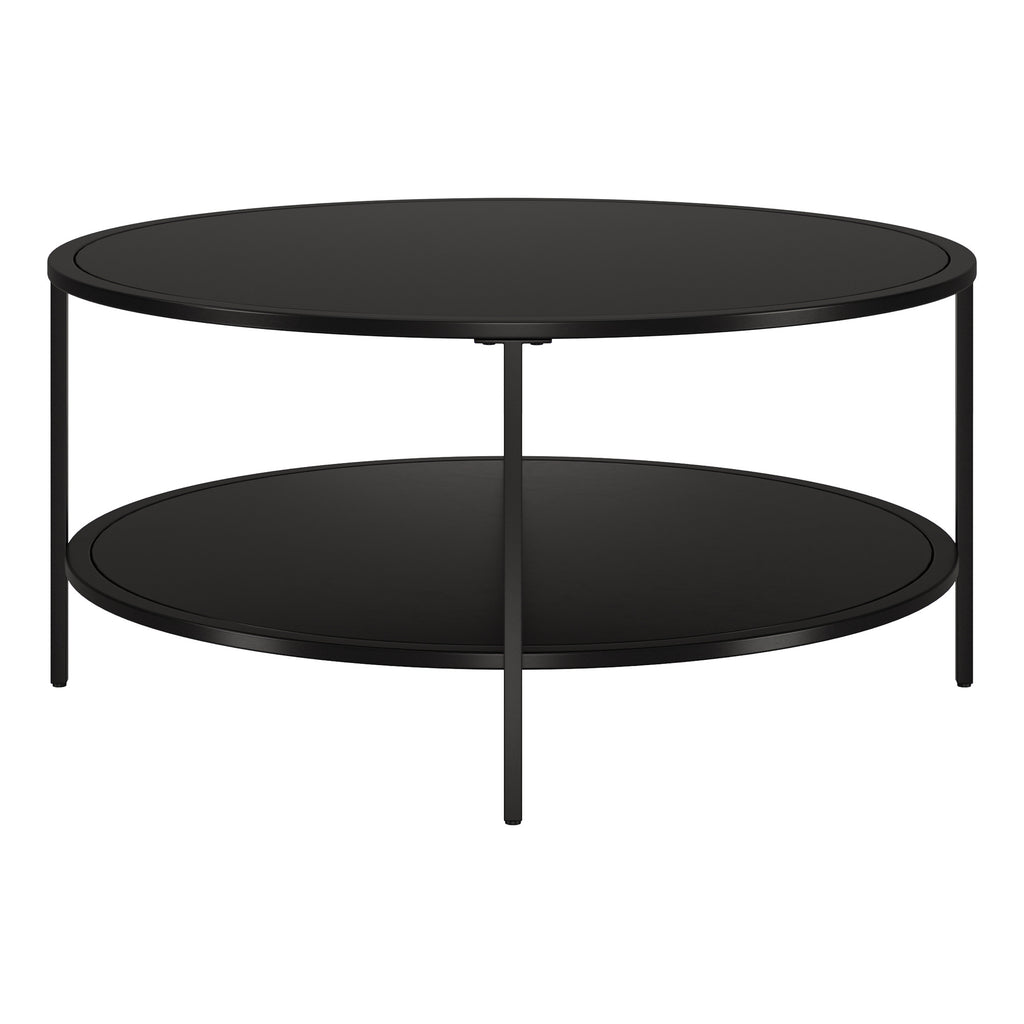 36" Black Glass And Steel Round Coffee Table With Shelf