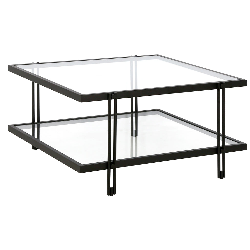 32" Clear And Black Glass And Steel Square Coffee Table With Shelf