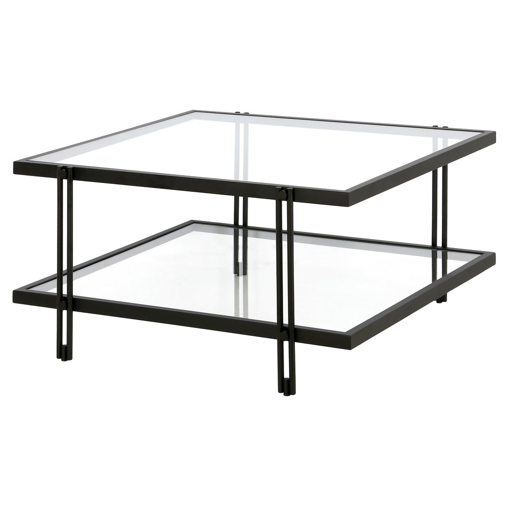 32" Clear And Black Glass And Steel Square Coffee Table With Shelf