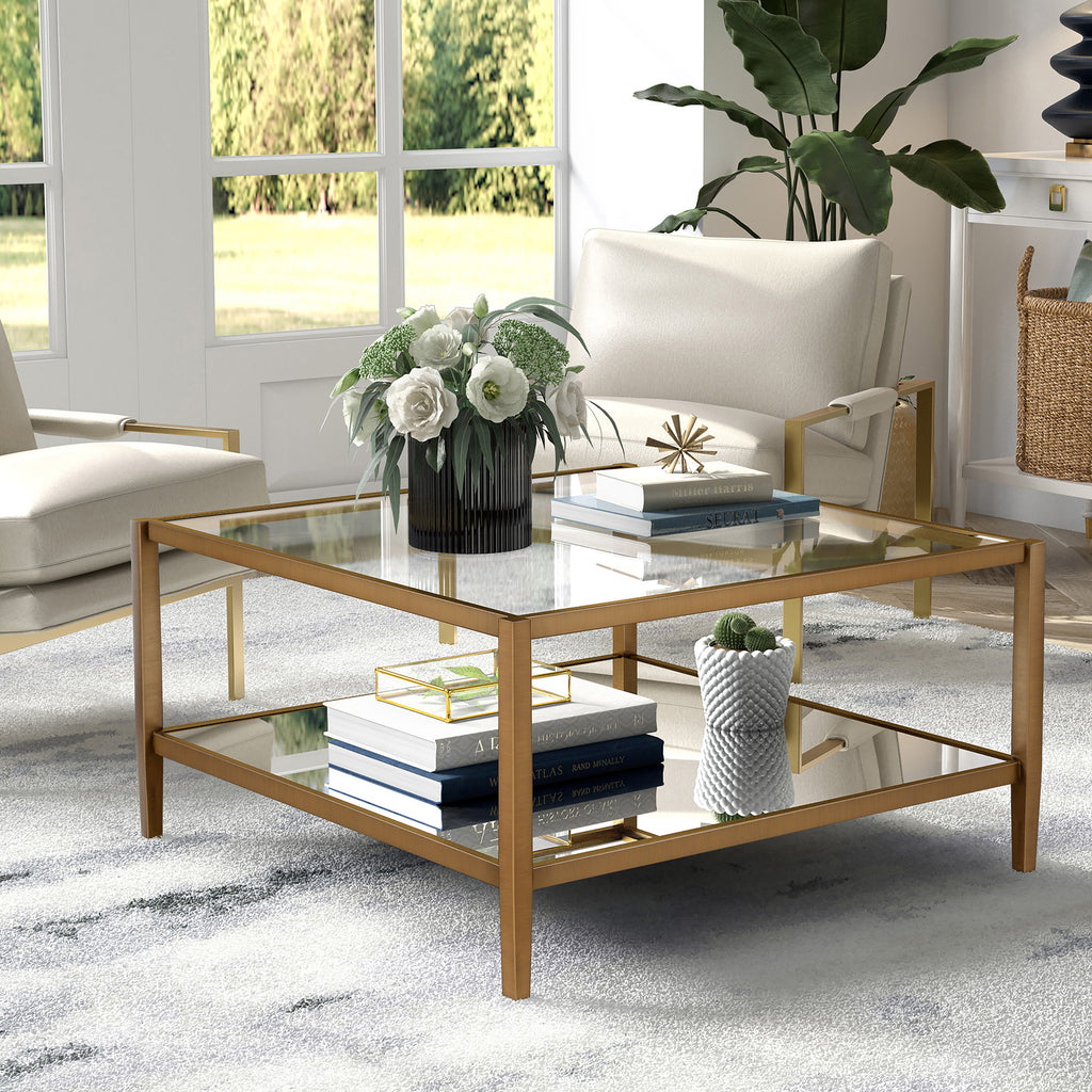 32" Gold Glass And Steel Square Coffee Table With Shelf