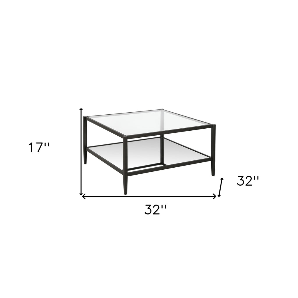 32" Clear And Black Glass And Steel Square Coffee Table With Shelf