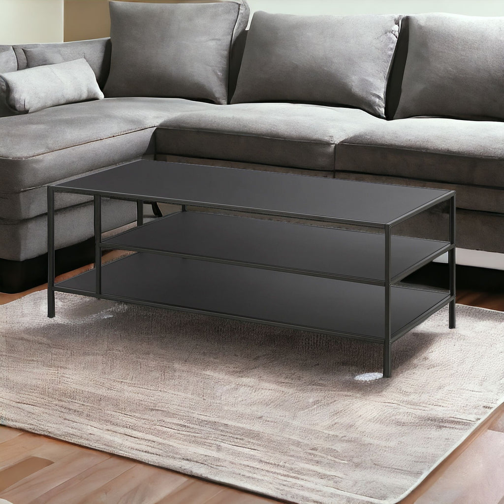 46" Black Steel Coffee Table With Two Shelves