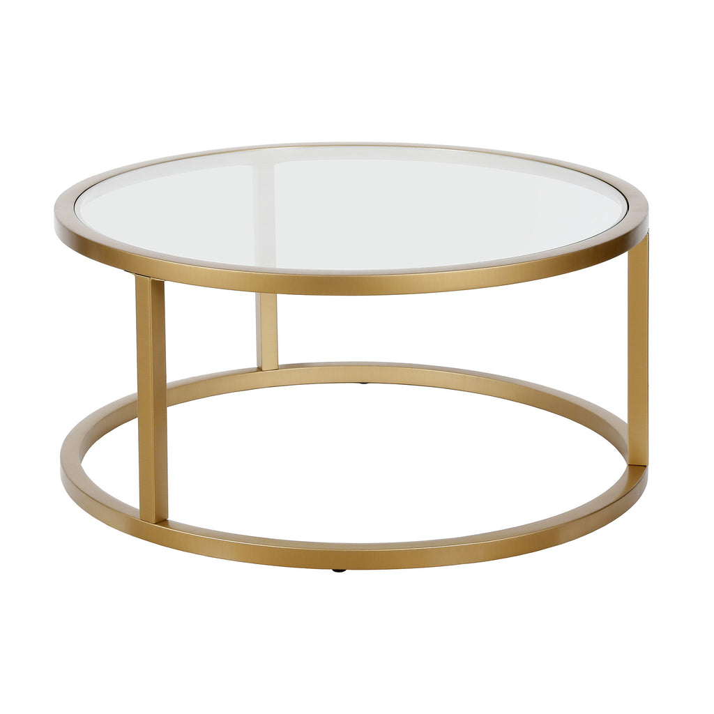 35" Gold Glass And Steel Round Coffee Table