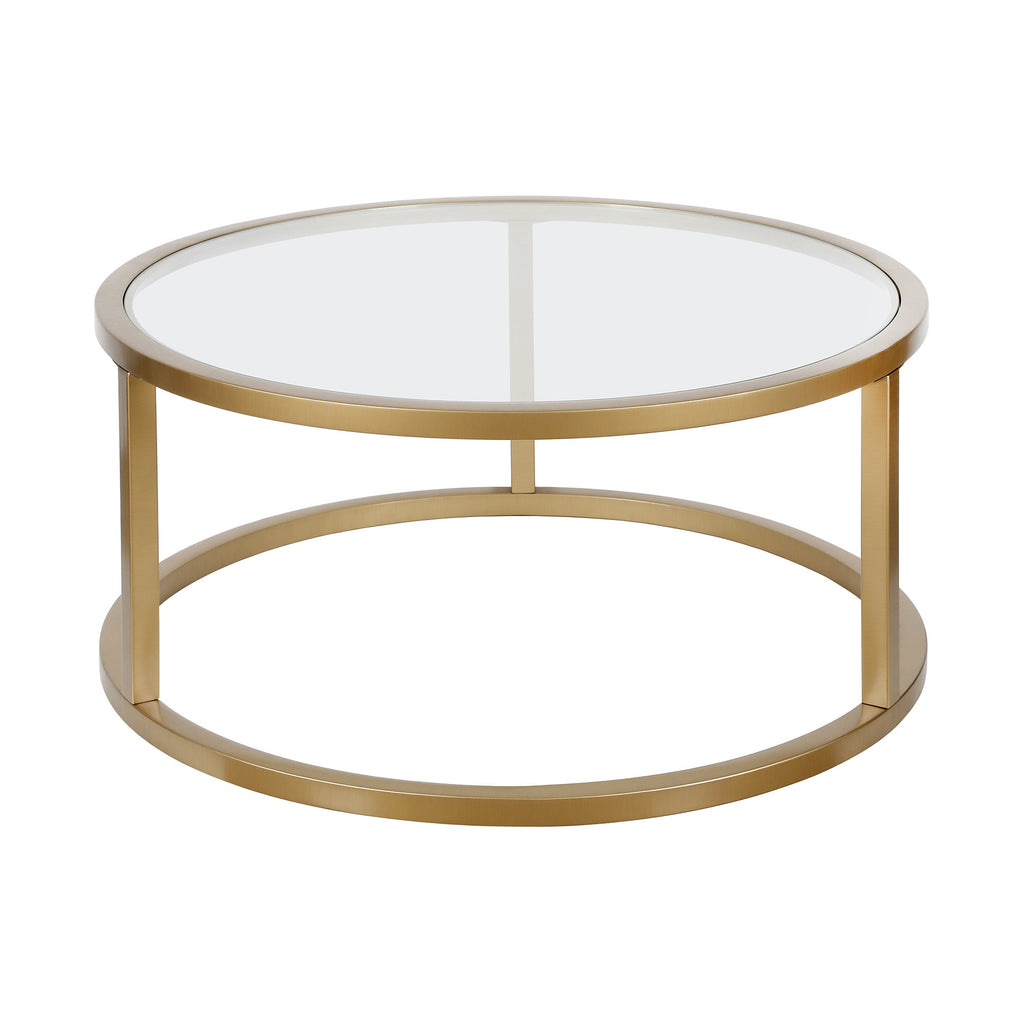 35" Gold Glass And Steel Round Coffee Table