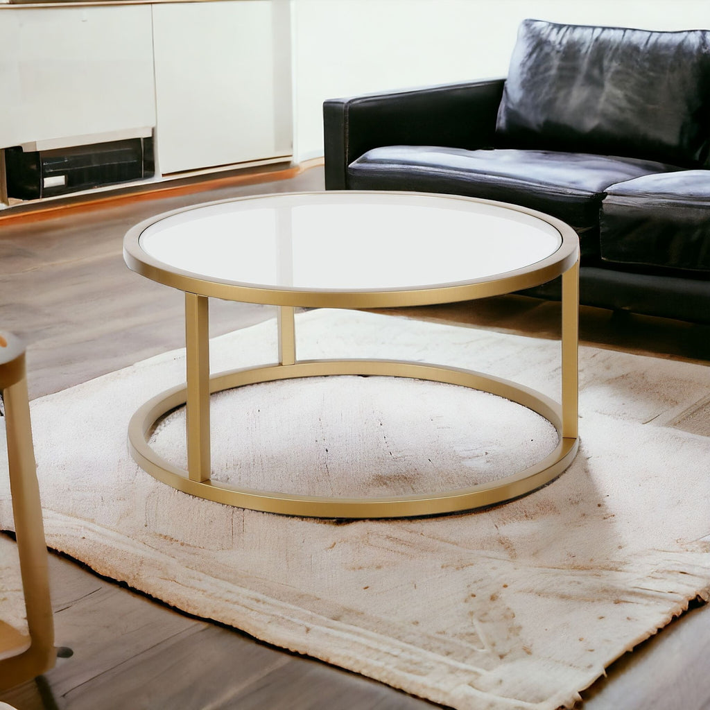 35" Gold Glass And Steel Round Coffee Table