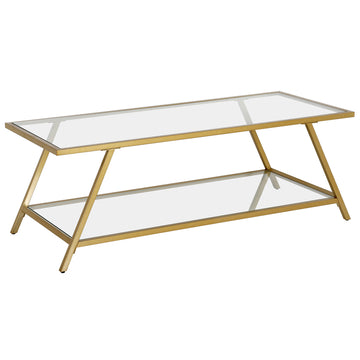 48" Gold Glass And Steel Coffee Table With Shelf