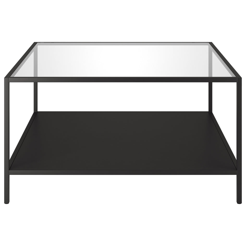 32" Black Glass And Steel Square Coffee Table With Shelf