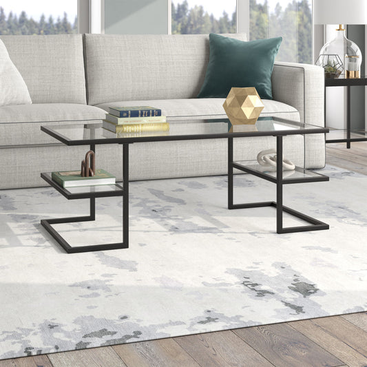 47" Black Glass And Steel Coffee Table With Two Shelves