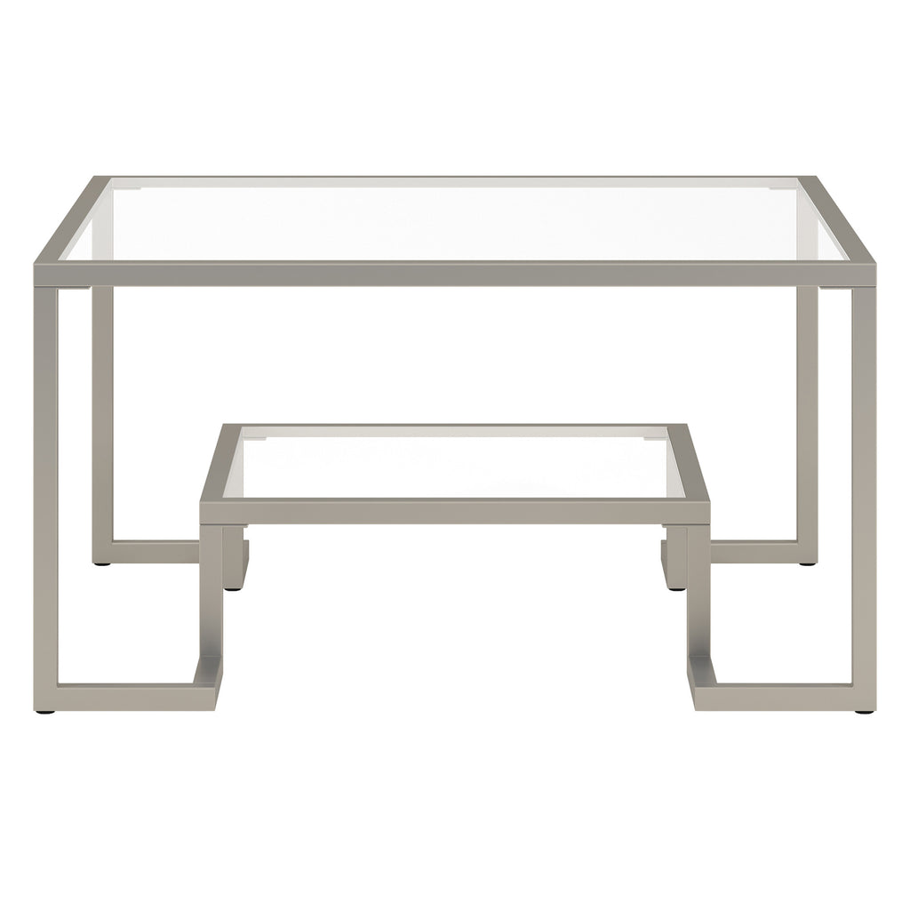 32" Silver Glass And Steel Square Coffee Table With Shelf