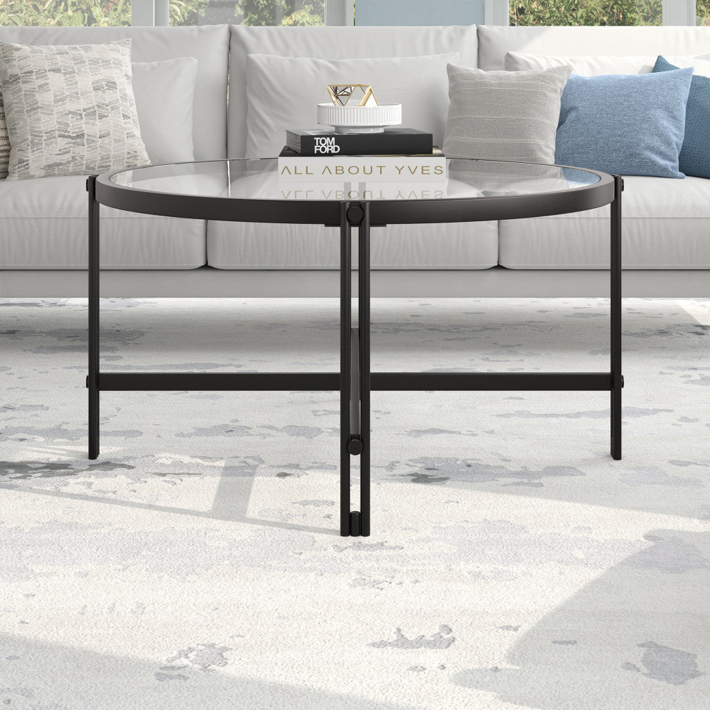 32" Black Glass And Steel Round Coffee Table