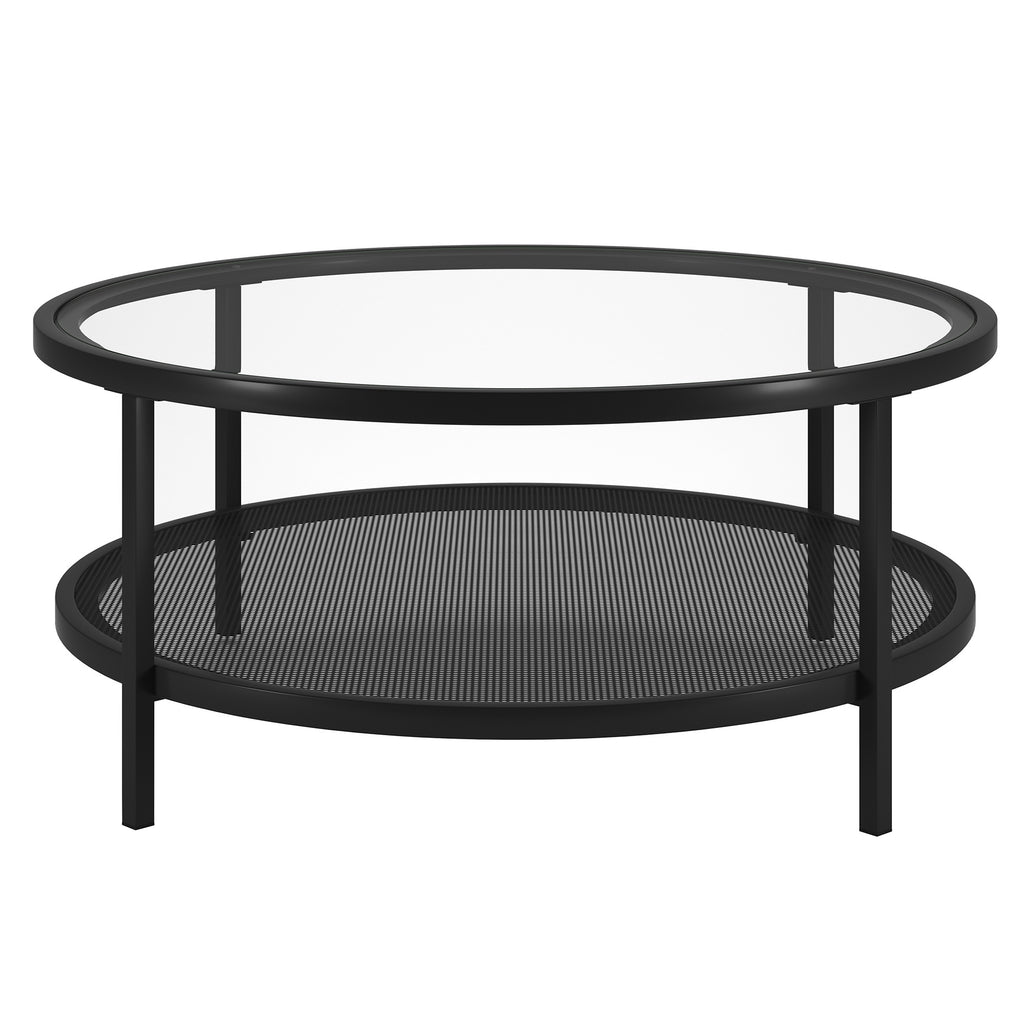 36" Black Glass And Steel Round Coffee Table With Shelf