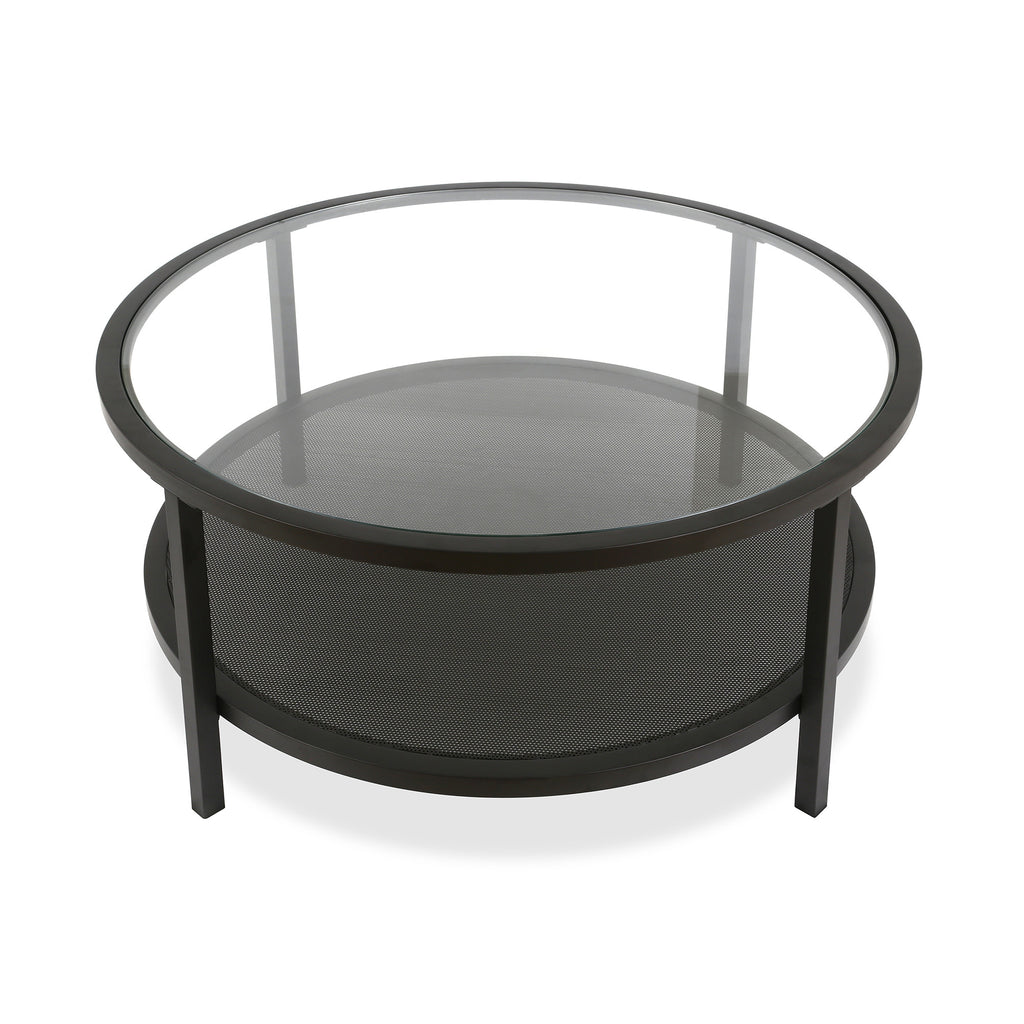 36" Black Glass And Steel Round Coffee Table With Shelf