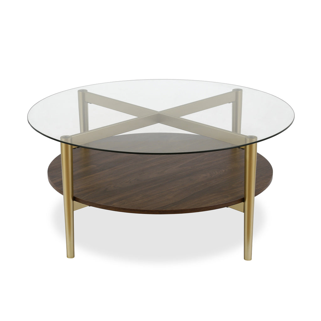 36" Gold Glass And Steel Round Coffee Table With Shelf