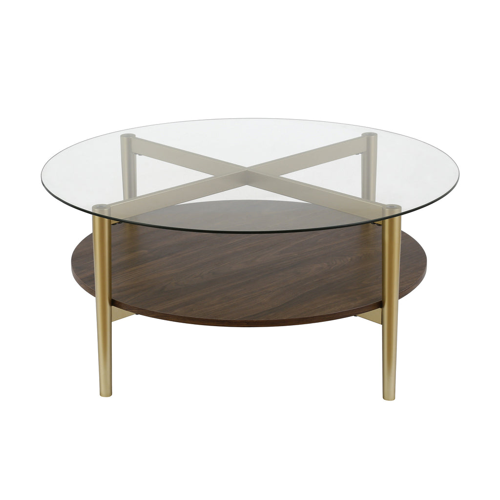 36" Gold Glass And Steel Round Coffee Table With Shelf