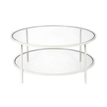 36" White Glass And Steel Round Coffee Table With Shelf