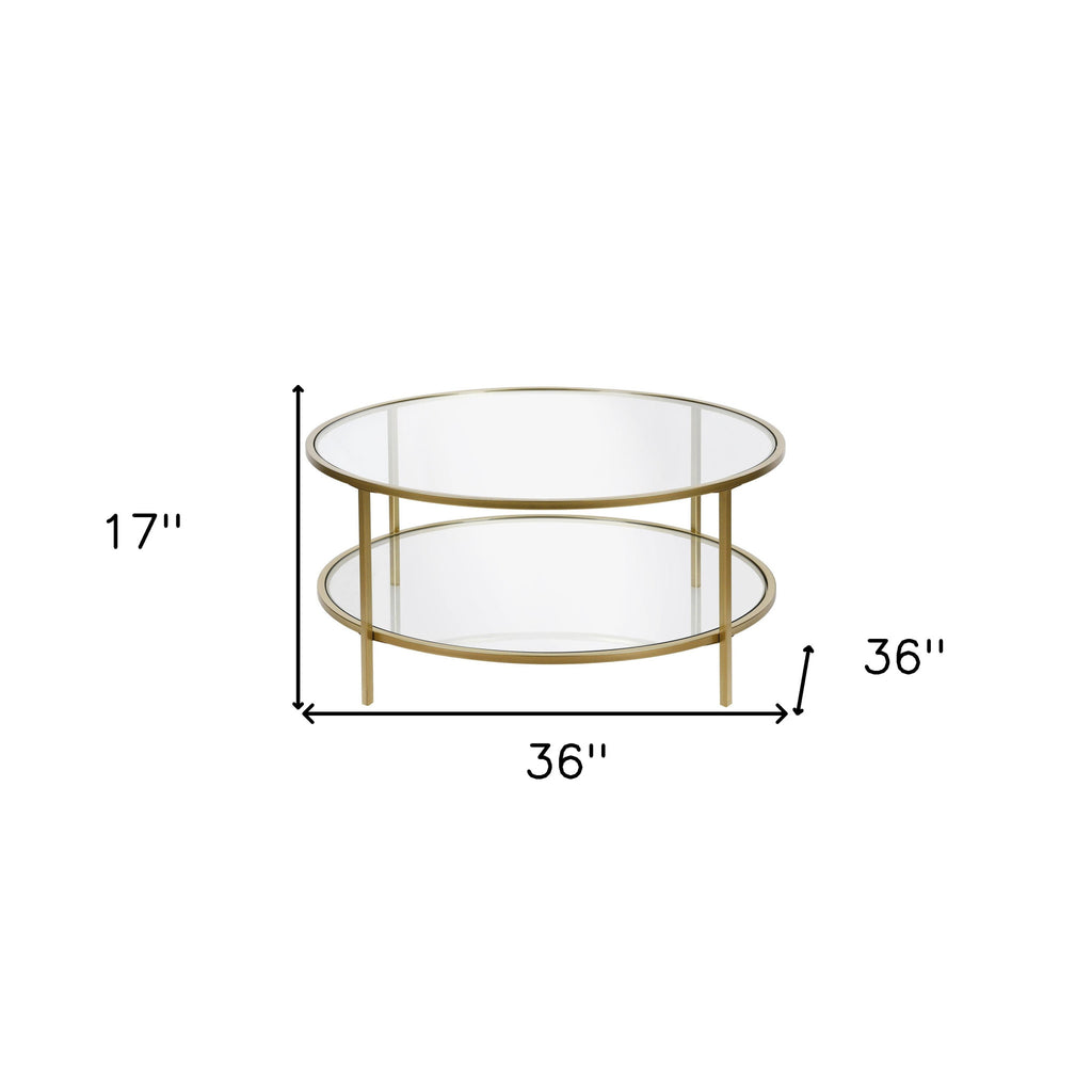 36" Gold Glass And Steel Round Coffee Table With Shelf